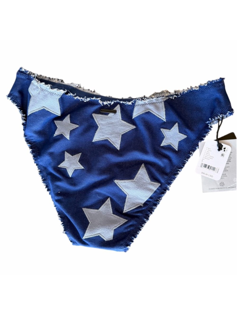 IT’S NOW COOL Bikini Bottoms Blue Denim Look Stars Frayed Edge Coastal Cowgirl